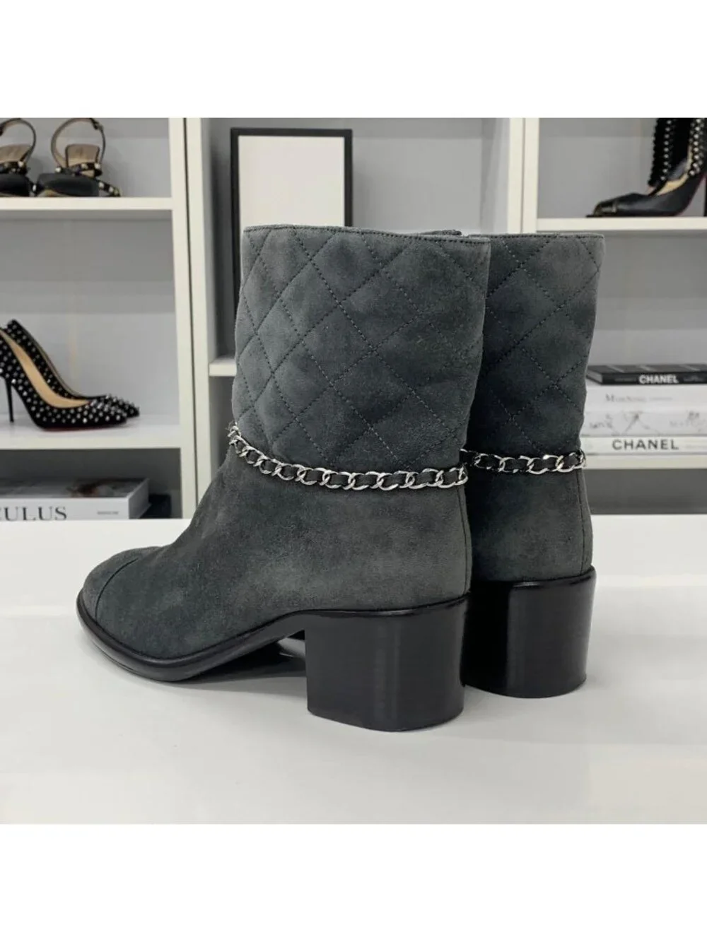 Chanel CC Logo Quilted Suede Chain Short Boots